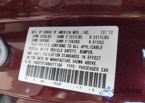 2011 Honda Accord 2.4 Lx z USA, uszkodzony, nr VIN 1HGCP2F36BA071188